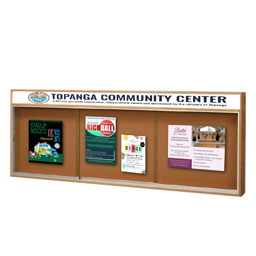 84×36 Indoor Enclosed Wood Enclosed Bulletin Boards with Sliding Glass Doors Header + Lights on Sale