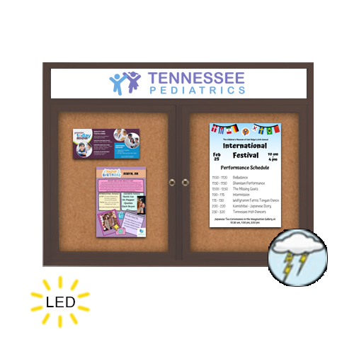 96 x 36 Enclosed Outdoor Bulletin Boards with Header & Lights 2 DOOR Fashion