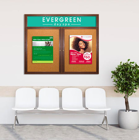 84 x 30 Indoor Wood Enclosed Bulletin Boards with Header & Lights (2 DOORS) Sale