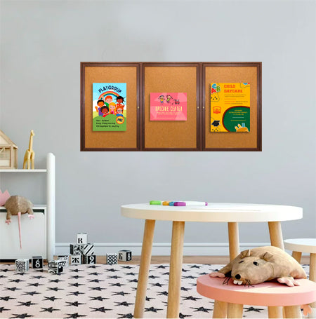 96 x 48  Wood Framed 3 Door Enclosed Bulletin Cork Board Indoor Wall Mount Discount