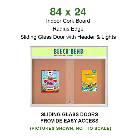 84 x 24 Indoor Bulletin Cork Boards with Personalized Header & Lights (RADIUS EDGE) (3 Sliding Glass Doors) on Sale