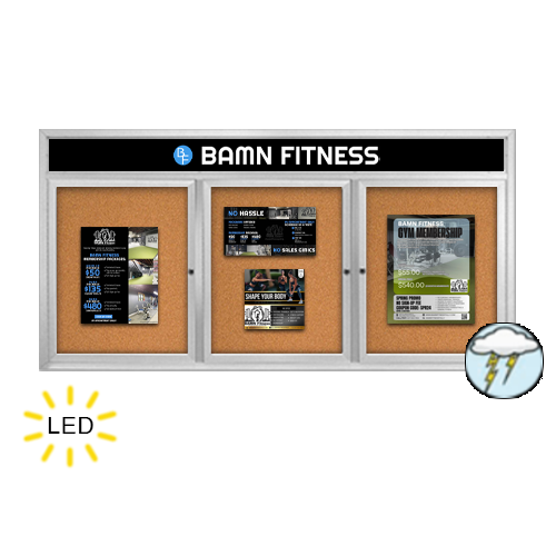 84 x 30 Enclosed Outdoor Bulletin Boards with Header & Lights 3 DOOR Hot on Sale