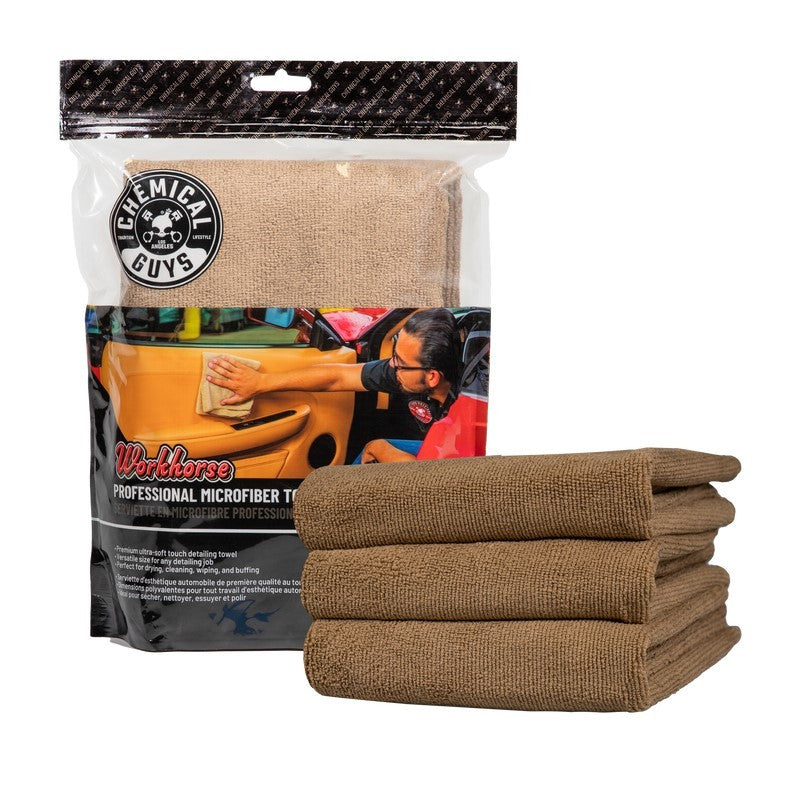 Chemical Guys Workhorse Professional Microfiber Towel – 16in x 16in – Tan – 3 Pack on Sale